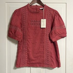 Women's Sheer and Lace Pink Top with Puff Sleeve Button up Back Size XL NWT